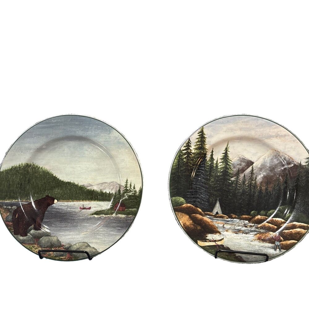 Sakura Northwoods 8” Plates David Carter Brown Bear Woods Fishing Cabin Nursery